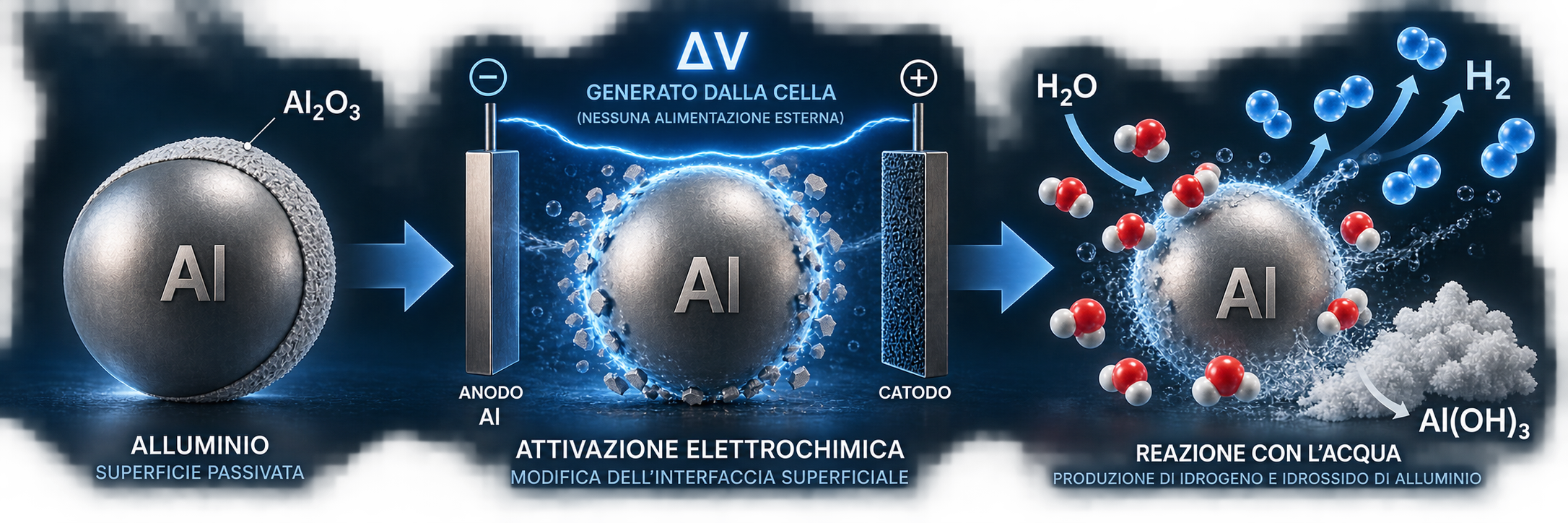 Schema concettuale STEAMH2: alluminio passivato, attivazione elettrochimica mediante differenza di potenziale generata dalla cella e reazione con acqua con produzione di idrogeno e idrossido di alluminio