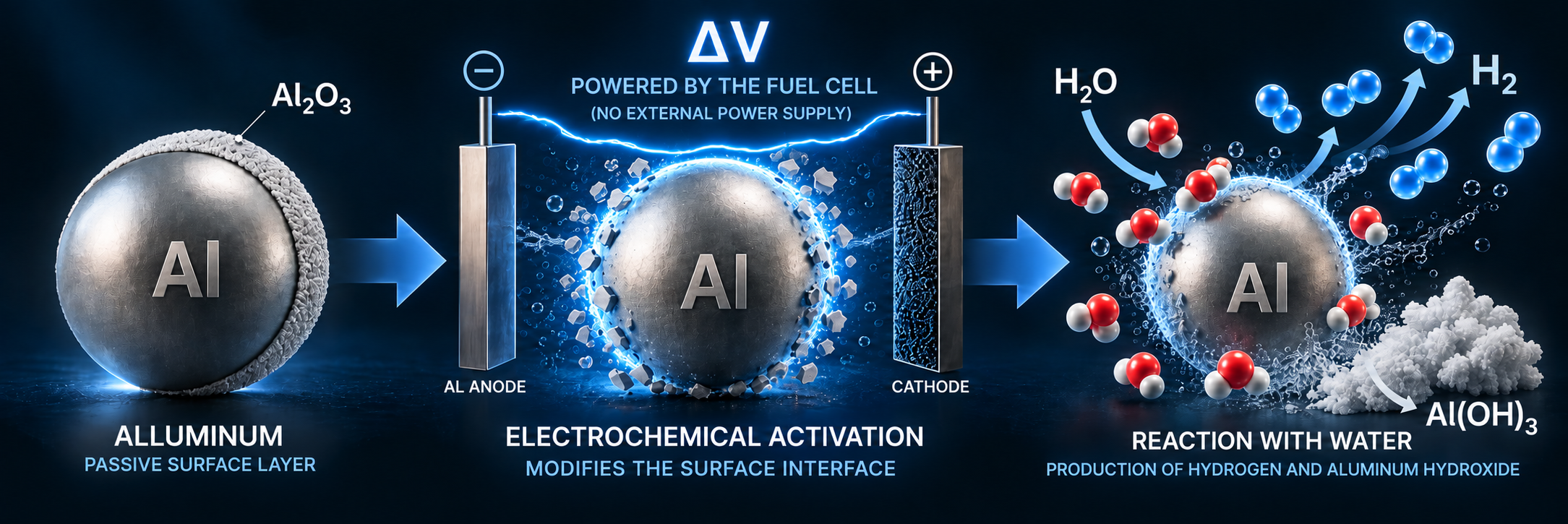 STEAMH2 concept diagram: passivated aluminum, electrochemical activation through a cell-generated potential difference, and reaction with water producing hydrogen and aluminum hydroxide