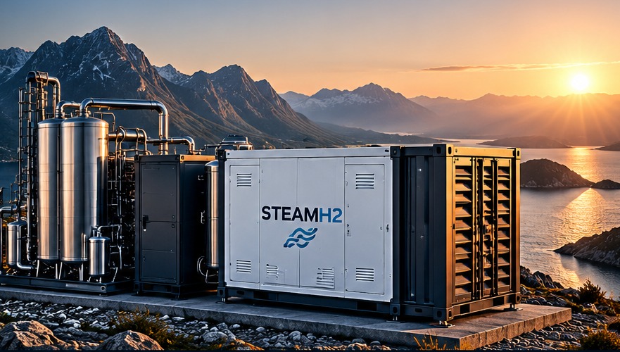Impianto STEAMH2 in ambiente montano al tramonto